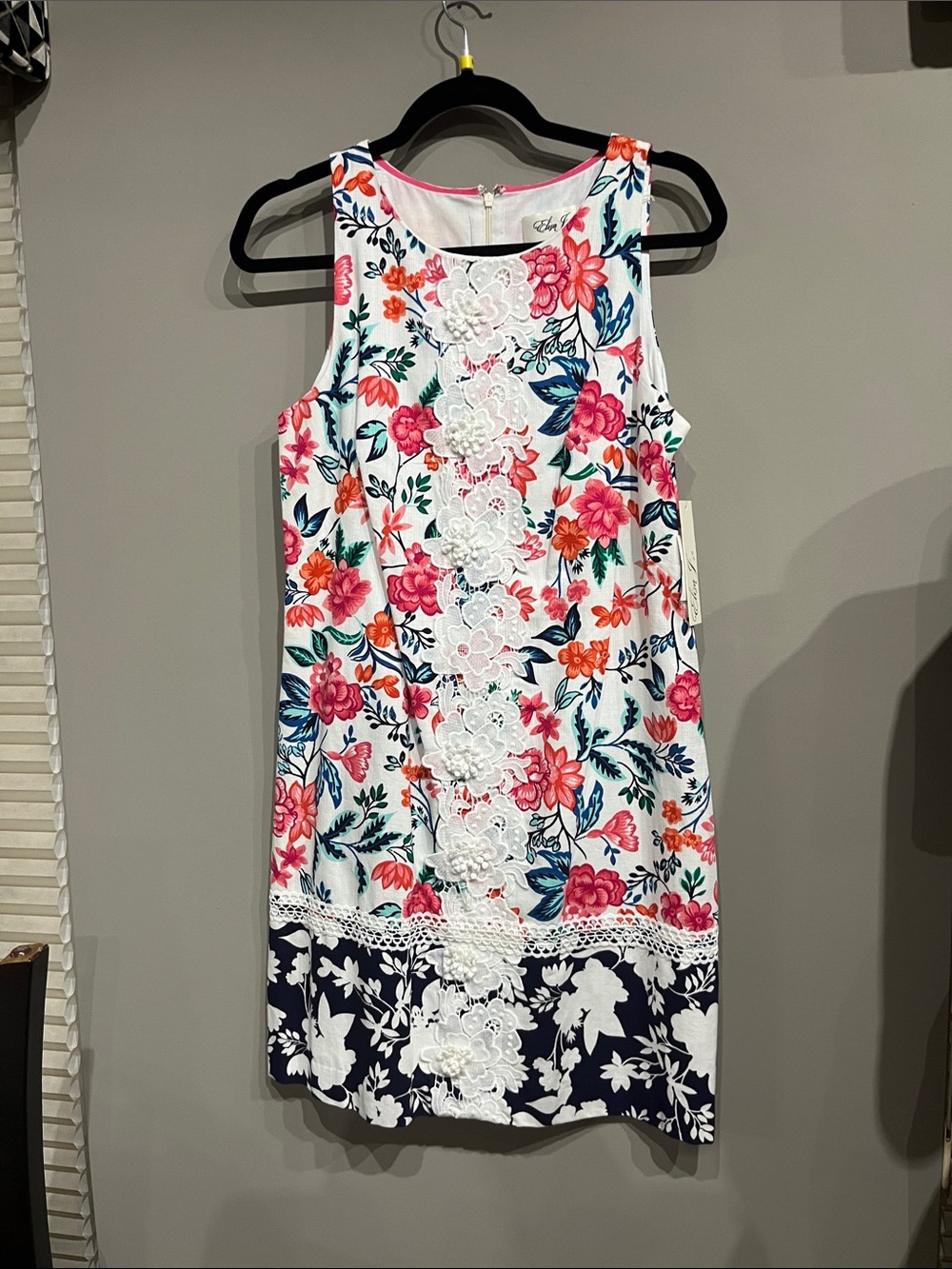 Eliza J White Floral Shift Dress with Navy Hem and Lace Panel
